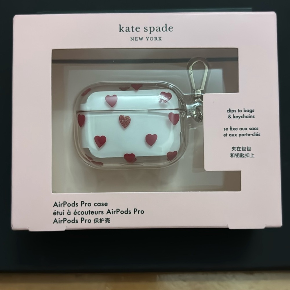 New in Box. Kate Spade Hearts AirPod pro case. Wireless charging compatible.